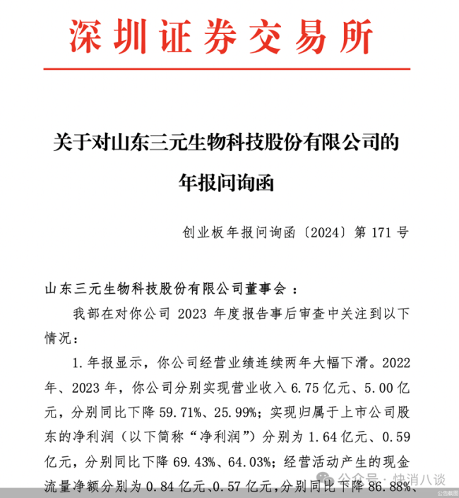 业绩连续两年大幅下滑配资股配资，三元生物收问询函